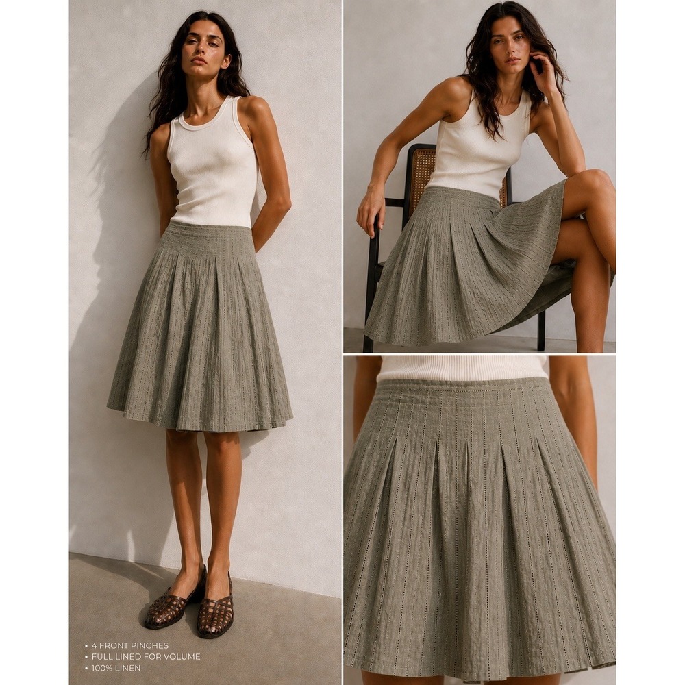 Burberry London Linen Eyelet Midi Skirt US 6 Beige Taupe Italy Pleated Lined